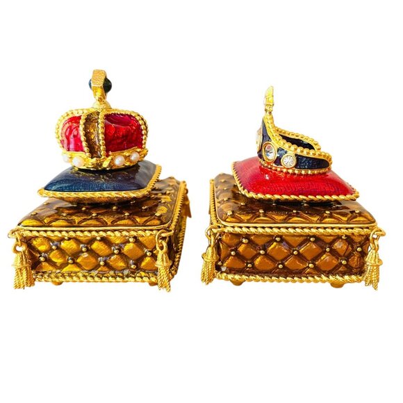 King Queen Crown Enamel Trinket Boxes Set of 2 Ring Jewelry Holder Wedding - Picture 2 of 12